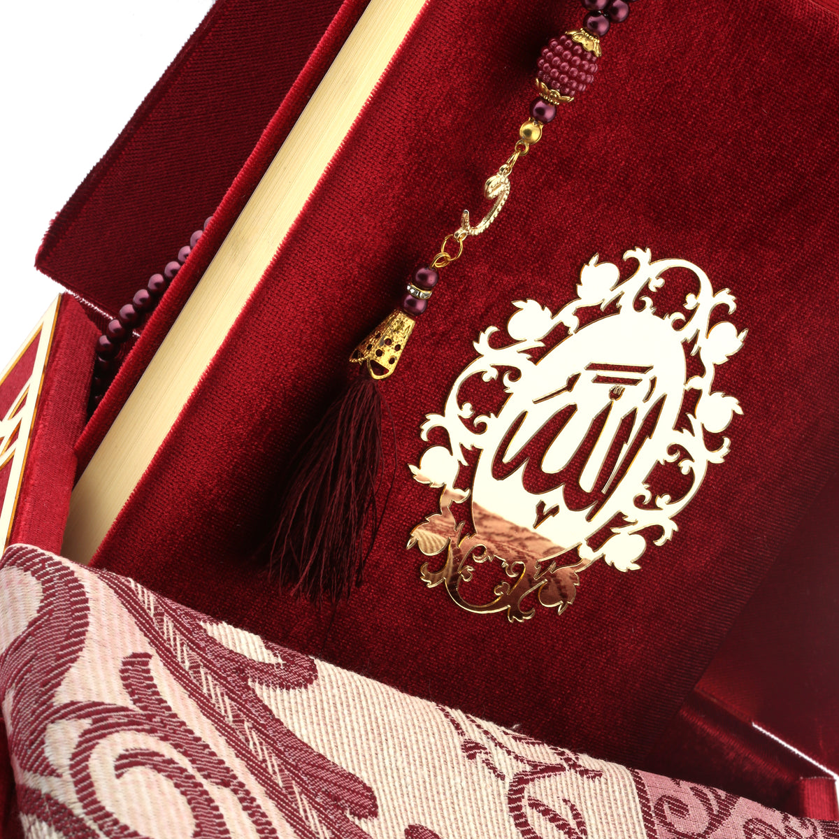 ZANBEAL Sacred Reflections Islamic Gift set: Velvet Quran Box with Prayer Mat and Pearl style Tasbih