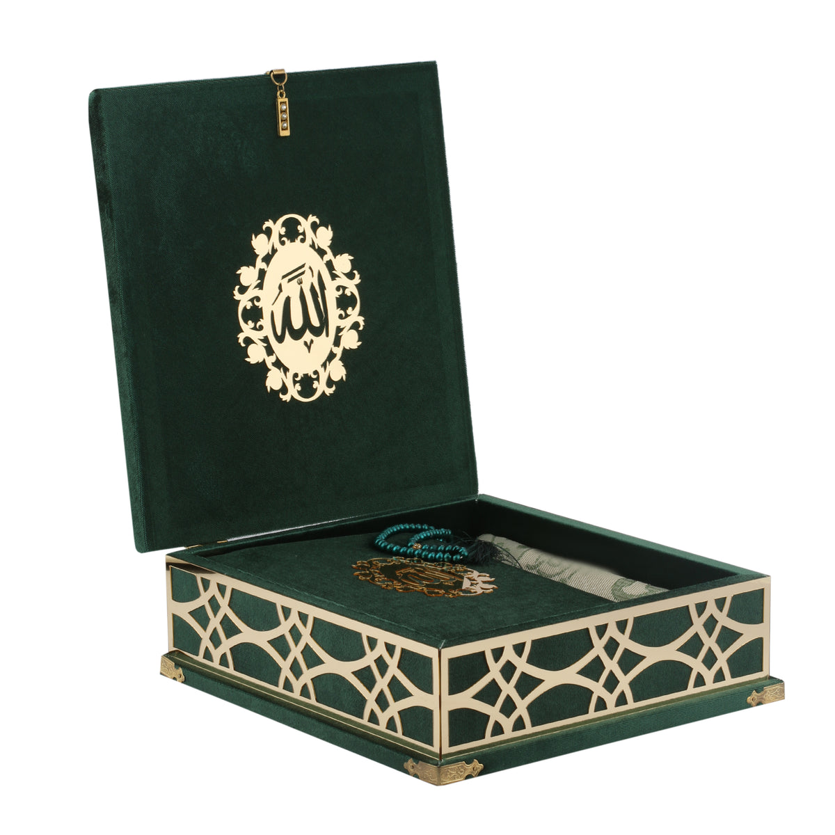 ZANBEAL Sacred Reflections Islamic Gift set: Velvet Quran Box with Prayer Mat and Pearl style Tasbih