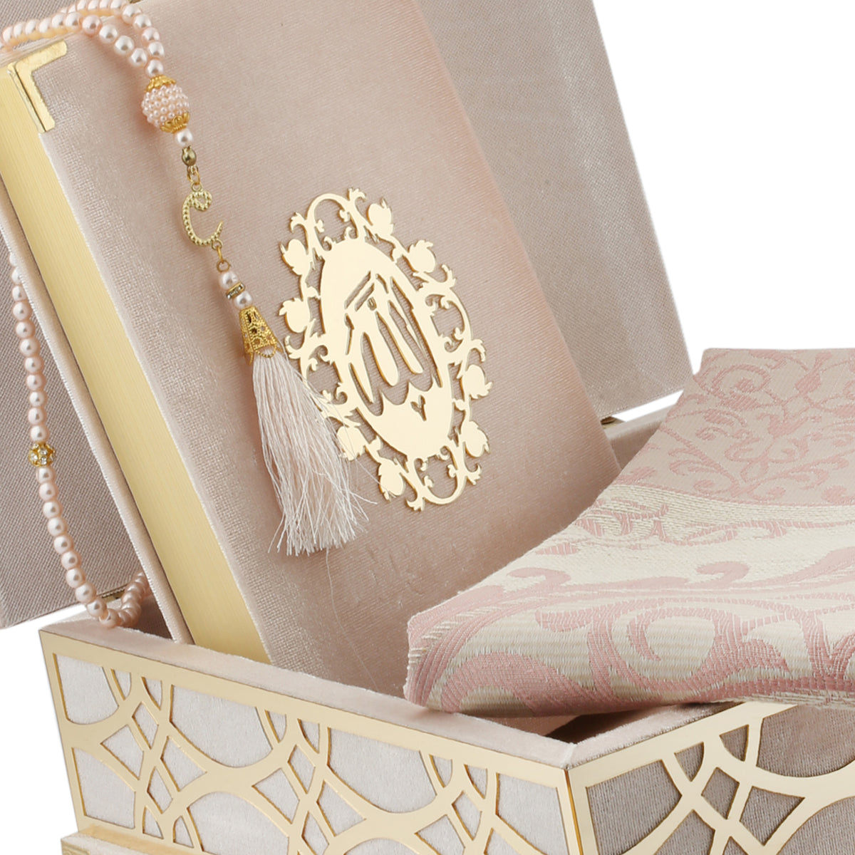 ZANBEAL Sacred Reflections Islamic Gift set: Velvet Quran Box with Prayer Mat and Pearl style Tasbih