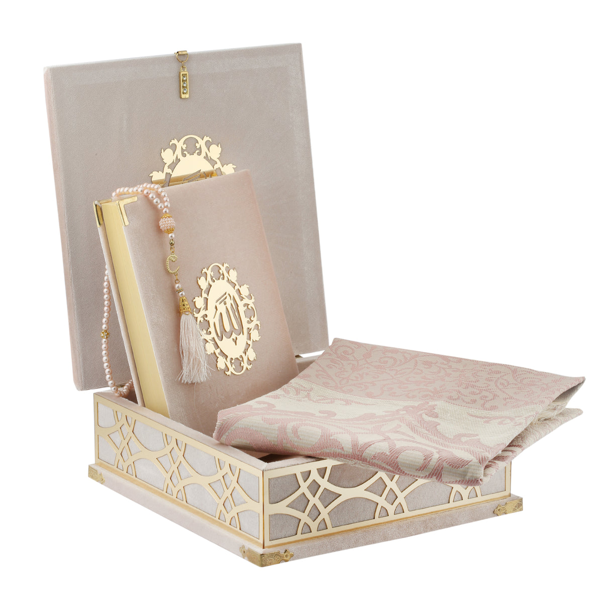 ZANBEAL Sacred Reflections Islamic Gift set: Velvet Quran Box with Prayer Mat and Pearl style Tasbih