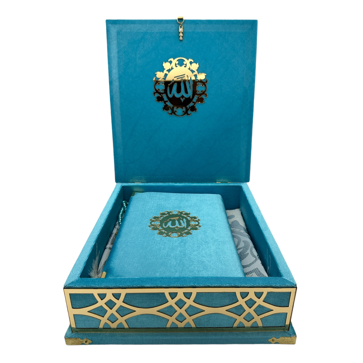 ZANBEAL Sacred Reflections Islamic Gift set: Velvet Quran Box with Prayer Mat and Pearl style Tasbih