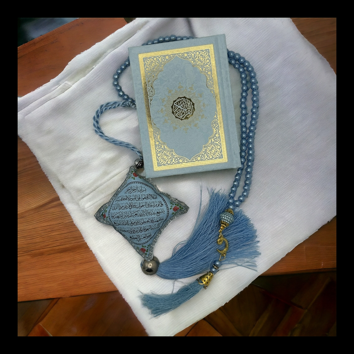 ZANBEAL Tranquil Journey Islamic Gift Set: Quran, Tasbih Prayer Beads , and Dua Car Hanging Cushion