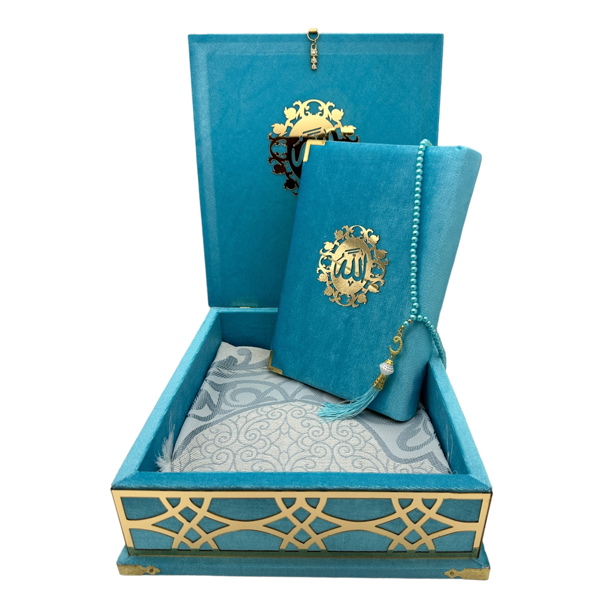 ZANBEAL Sacred Reflections Islamic Gift set: Velvet Quran Box with Prayer Mat and Pearl style Tasbih