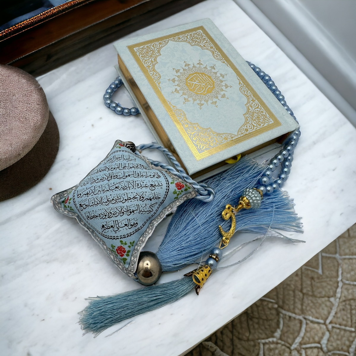 ZANBEAL Tranquil Journey Islamic Gift Set: Quran, Tasbih Prayer Beads , and Dua Car Hanging Cushion