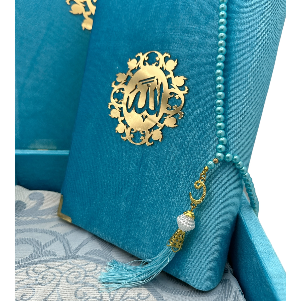 ZANBEAL Sacred Reflections Islamic Gift set: Velvet Quran Box with Prayer Mat and Pearl style Tasbih
