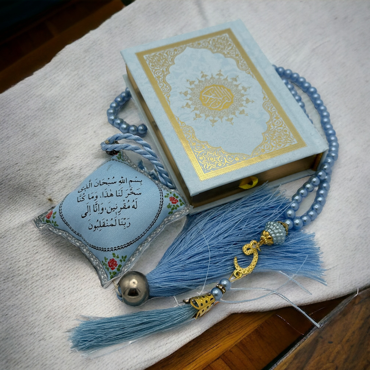 ZANBEAL Tranquil Journey Islamic Gift Set: Quran, Tasbih Prayer Beads , and Dua Car Hanging Cushion