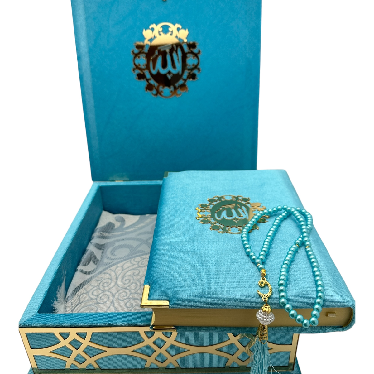 ZANBEAL Sacred Reflections Islamic Gift set: Velvet Quran Box with Prayer Mat and Pearl style Tasbih