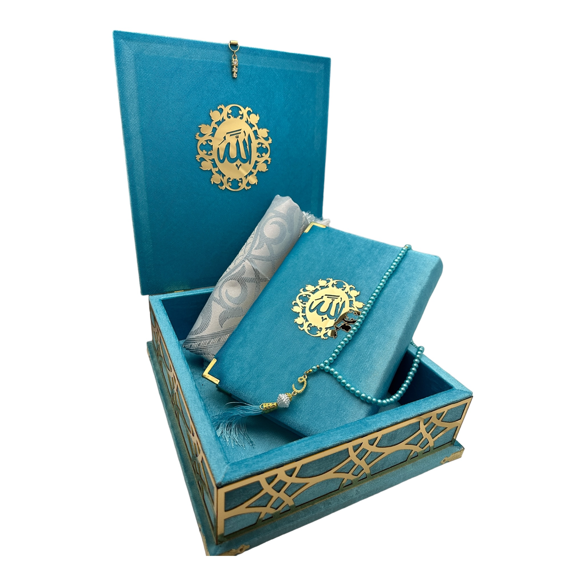 ZANBEAL Sacred Reflections Islamic Gift set: Velvet Quran Box with Prayer Mat and Pearl style Tasbih