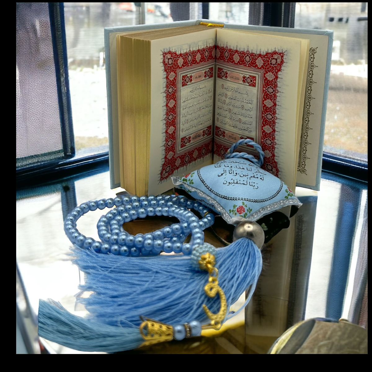 ZANBEAL Tranquil Journey Islamic Gift Set: Quran, Tasbih Prayer Beads , and Dua Car Hanging Cushion