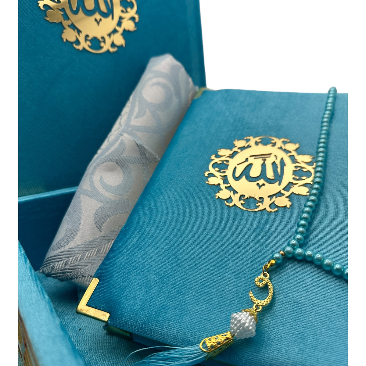 ZANBEAL Sacred Reflections Islamic Gift set: Velvet Quran Box with Prayer Mat and Pearl style Tasbih