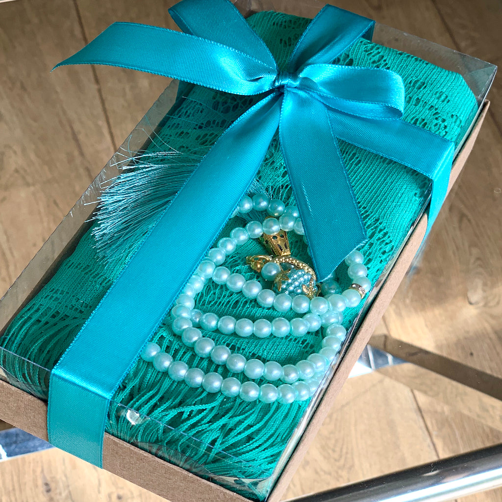 Islamic Gift Set Bundle includes Prayer Mat set for Adults + Ladies Headscarf set plus Air Freshener-Islamic Goods Direct