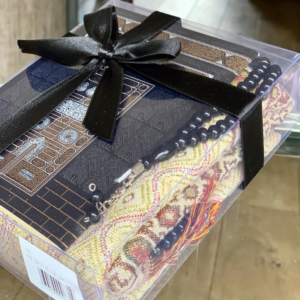 Islamic Gift Set Bundle includes Prayer Mat set for Adults + Ladies Headscarf set plus Air Freshener-Islamic Goods Direct