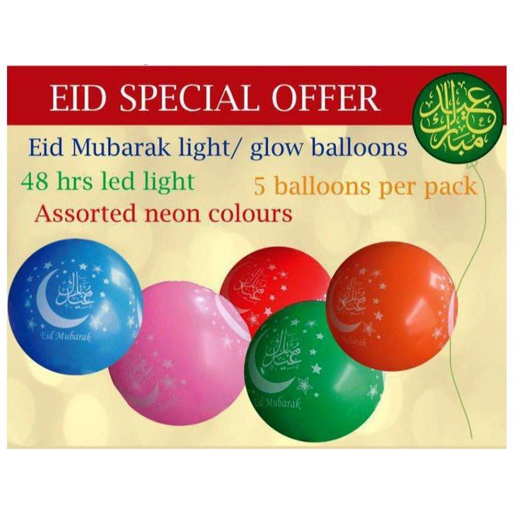 Eid Mubarak Light/Glow Balloons (pack of 5)-Kids Books-Islamic Goods Direct