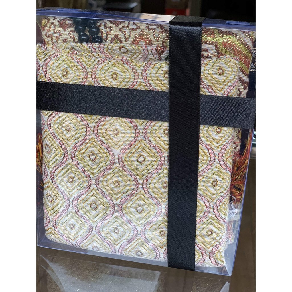 Large Wide Luxury Embroidered Islamic Prayer Mat Gift Box 'Jacobean' Tulip- Orange / Purple